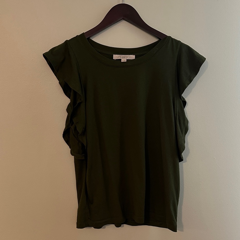 LOFT Olive Green Ruffle Sleeve Tee
